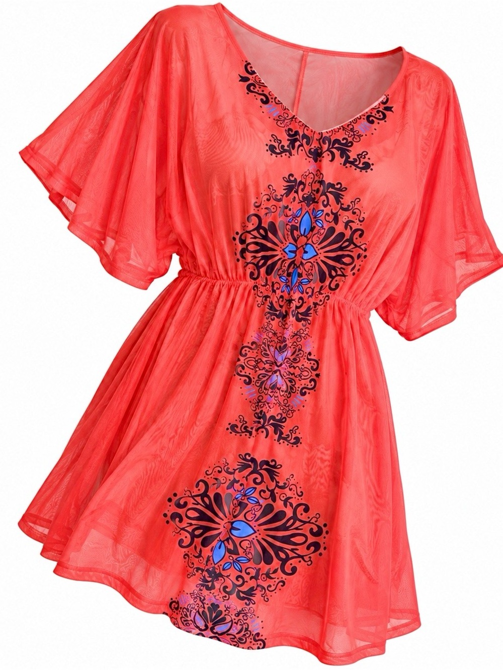 SHEIN Coral Mesh V-Neck Embroidered Swim Coverup